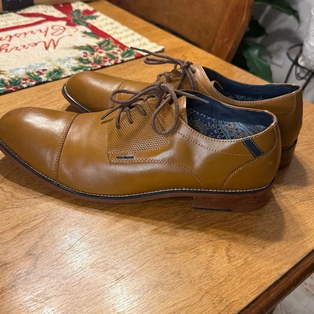 Steve Madden P-Eratic Mens Tan Brown Leather Lace Up Cap Toe Oxfords Shoes
